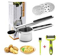 Presse Purée Inoxydable, 6PCS Presse-purée à Pommes de Terre Kit, Presse-Légumes Manuel Professionnel avec 3 Disques Interchangeables, Brosse, Éplucheuse pour Fruits Légumes Aliments pour Bébé