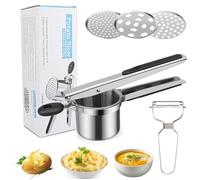 Presse-Purée, hicoosee Version Améliorée Presse Purée Manuel à Pommes de Terre avec 3 Disques Interchangeables, Professionnel Presse Purée Manuel en Acier Inoxydable avec Éplucheur de Légumes