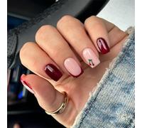 Presse Réutilisable Sur Les Ongles Burgundys Français Confort De L'art Pour L'événement De Bureau French Red Cherrys Short Square Press On Nail