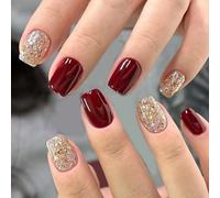 Presse sur les ongles 24 pièces ensemble forme courte brille rouge étincelles faux application rapide pour les rassemblements de vacances automne hiver court carré faux