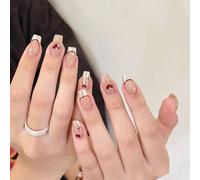 Presse sur ongles pour la Saint-Valentin - Faux ongles courts carrés - Motifs de cœurs - En acrylique - Faux ongles français