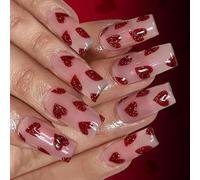 Presses À Coeur Rouge Sur Les Ongles Mediums Styles De Cercueil 24PCS Finition Brillante Non Toxique Date De Fête Essentielle Presse En Forme De Coeur Longue Durée Sur L'ongle