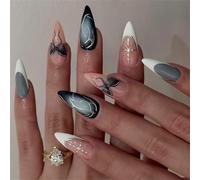 Presses Gothiques Françaises Sur Les Ongles 24 Pièces Forme Brillante Nœuds Papillon Yeux De Chat Design Plusieurs Tailles Gothique Edgy Presse Sur Les Ongles