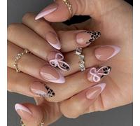 Presses longue durée sur les ongles French manucure design léopard imprimé nœuds et doux pastel art pour femmes ABS