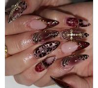 Presses on Nails French Nudes Metal Léopards Impression Croix Finition très brillante pour un usage quotidien Imprimé Léopards Presses sur les ongles