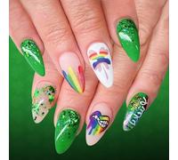 Presses prêtes sur les ongles 24 pièces de trèfles à paillettes vertes et arc-en-ciel pour les célébrations ajoutant du charme et de la StPatricks Nails