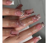 Presses sûres sur les ongles - Design français - Imprimé léopard - Motif floral 3D - Confortable pour les peaux sensibles - Nudes françaises - Presses sur les ongles