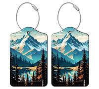 PRESSINART 2 Étiquettes de Bagages de Montagne pour Valises 4.5 x 2.8 Pouces Étiquette de Bagage en Cuir PU avec Boucle Motif de Paysage de Montagne Lacustre Rectangle Étiquettes D'Identification