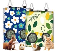 PRESSINART 2 pièces 2 Styles Sacs d'alimentation en Foin pour Lapins pour Cochons d'Inde Chinchillas 11.6 x 9.1 Pouces Sac à Foin Suspendu avec 2 Trous Motifs de Fleurs Feuilles Tissu Lavable