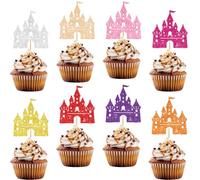 PRESSINART 24 Pièces 8 Couleurs Décorations Cupcake Château 2.8 x 2.6 Pouces Pièces Topper Gâteau Coloré Château Thème Princesse Papier Pailleté avec Bâtonnet Bambou pour Mariage Anniversaire Fête