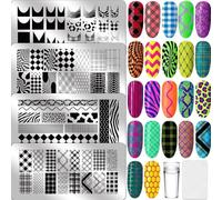 PRESSINART 4 Feuilles Plaques de Nail Art en Acier Inoxydable Motif Carreaux 4,72 x 2,36 Pouces Plaque de Stamp Ongles Imprimé Léopard Animal Divers Motifs Modèle Réutilisable Outil Pochoir
