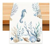 PRESSINART Chemin de Table Côtier 72 Pouces Chemin de Table de Plage avec Motif Hippocampe et Étoile de Mer en Polyester Décoration Estivale pour Le Salon la Cuisine de Ferme la Salle à Manger Longue