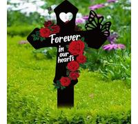 PRESSINART Décorations de Cimetière en Croix pour la Tombe de Fils Maman Papa 8.7 x 5.9 x 0.04 pouce Croix Mémorial en Métal avec Roses et Papillons pour Toujours dans Nos Cœurs. Marqueur de Cimetière
