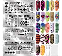 PRESSINART Ensemble de 1 Plaque de Stamping pour Nail Art à Carreaux de 4 Pouces. Plaque de Tamponnage pour Ongles Motif à Carreaux Texture Coeur Étoile Divers Motifs Modèle Réutilisable Pochoir