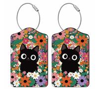 PRESSINART Lot De 2 Étiquettes De Bagage Chat Noir en Cuir PU avec Boucle 4,5 x 2,8 Pouces Motif Fleur Animal Forme Rectangulaire Design Moderne Étiquette D'Identification pour Valise Sac De Voyage