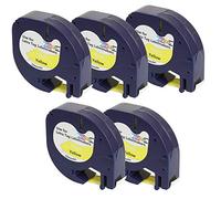 Prestige Cartridge 5 Compatibles Rubans Plastique d'étiquettes 91202 S0721620 noir sur jaune (12mm x 4m) pour Dymo LetraTag LT110T, LT100H, LT100T, QX50, XR Etiqueteuses