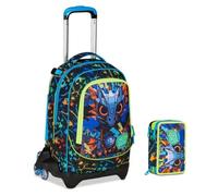 PRESTIGE & DELUXE Chariot scolaire Jack 3 roues détachable Led Look Dragon 3 en 1 pour école primaire enfant + trousse 3 fermetures éclair avec papeterie + 7 stylos effaçables et porte-clé sifflet