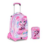 PRESTIGE & DELUXE Hearth Buddy Chaton Trolley scolaire 3 en 1 à 8 roues avec sac à dos amovible pour école primaire fille + trousse 3 fermetures éclair avec papeterie