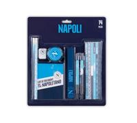 PRESTIGE & DELUXE Lot d'écriture papeterie 14 pièces en blister naples football pour l'école, matire gomme, taille-crayon, règle, stylos block notes + porte-clés équipe football