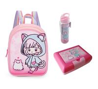 PRESTIGE & DELUXE Mini sac à dos So Kawaii Gattina école pour fille Dim. 22 x 28 x 11 cm avec porte-goûter de 800 ml et gourde 530 ml + porte-clé à paillettes cadeau