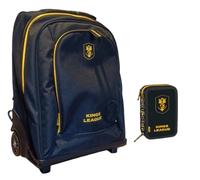 PRESTIGE & DELUXE Sac à dos à roulettes - King League Patch interchangeable - pour l'école primaire enfants + trousse à 3 niveaux complète de papeterie + kit stylos et porte-clés football