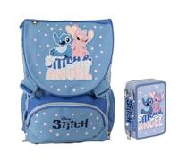 PRESTIGE & DELUXE Sac à dos extensible Stitch rose idéal pour les filles école primaire + trousse 3 étages avec papeterie + 7 stylos effaçables et porte-clé pailettes