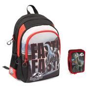 PRESTIGE & DELUXE Sac à dos Jurassik Dinosaure 3 compartiments pour l'école enfants + trousse 3 étages + cadeau 7 stylos et porte-clés dinosaure en métal 3D