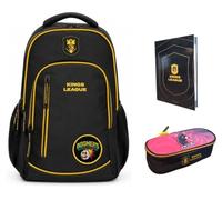 PRESTIGE & DELUXE Sac à dos rond 3 compartiments - King League Patch interchangeable - pour l'école primaire enfants + trousse Alpak ovale 22 x 8 x 5 cm + agenda + kit stylos et porte-clés football