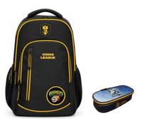 PRESTIGE & DELUXE Sac à dos rond 3 compartiments - King League Patch interchangeable - pour l'école primaire enfants + trousse ovale Stallions zippée + kit stylos et porte-clés football