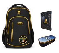 PRESTIGE & DELUXE Sac à dos rond 3 compartiments - King League Patch interchangeable - pour l'école primaire enfants + trousse ovale Stallions 22 x 8 x 5 cm + agenda + kit stylos et porte-clés