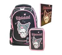 PRESTIGE & DELUXE Sac à dos rond 3 compartiments Kuromi pour l'école filles + trousse 3 étages + agenda 2025/2026 + 7 stylos et porte-clés à paillettes