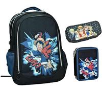 PRESTIGE & DELUXE Sac à dos scolaire 0ne Piece noir rond 3 compartiments zip pour enfants primaire moyen + trousse 2 étages complète et trousse ovale zip, multicolore, Taglia unica, Trolley
