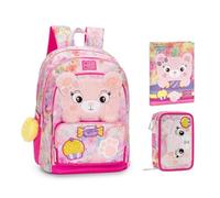 PRESTIGE & DELUXE Sac à dos scolaire Mofu Mofu ours organisé rond pour filles + trousse 3 étages avec papeterie + agenda 2025/2026 + 7 stylos effaçables et porte-clé pailettes