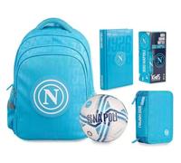 PRESTIGE & DELUXE Sac à dos scolaire Naples bleu avec mini ballon + trousse à 3 compartiments avec fermeture éclair + agenda + gourde isotherme 400 ml + porte-clés équipe