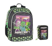 PRESTIGE & DELUXE Sac à dos scolaire rond compatible avec Minecraft pour enfants + trousse 3 étages avec papeterie + 7 stylos effaçables et porte-clé sifflet