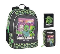 PRESTIGE & DELUXE Sac à dos scolaire rond compatible avec Minecraft pour enfants + trousse 3 étages avec papeterie + agenda 2025/2026 + 7 stylos effaçables et porte-clé sifflet