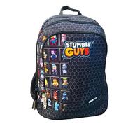 PRESTIGE & DELUXE Sac à dos scolaire Stumble Guys noir rond 3 compartiments avec badge patch à droite - Couleur unie Pool Over + 7 stylos effaçables et porte-clé Stumble Guys, multicolore, taille