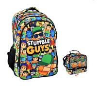 PRESTIGE & DELUXE Sac à dos scolaire Stumble Guys rond 3 compartiments zip pour enfants primaire moyen + sac isotherme 21 cm déjeuner collation + set écriture et porte-clés personnage