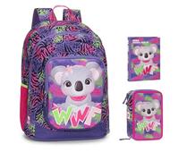 PRESTIGE & DELUXE Sac à dos scolaire WWF Koala Fuchsia pour filles + trousse 3 étages avec papeterie + agenda 2025/2026 + 7 stylos effaçables et porte-clé pailettes