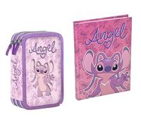 PRESTIGE & DELUXE Stitch Trousse scolaire triple ange comprenant 43 pièces Giotto + agenda scolaire Stitch Angel Rose 2025-2026 F.to Standard 20 x 15 cm pour fille + porte-clés Stitch