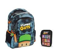 PRESTIGE & DELUXE Stumble Guys Sac à dos scolaire rond 3 compartiments zippés pour enfants primaire secondaire + trousse à 3 étages complet de papeterie + ensemble écriture et porte-clés personnage
