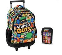 PRESTIGE & DELUXE Stumble Guys Sac à dos scolaire rond à 3 compartiments zippés pour enfants primaire moyenne + trousse à 3 étages complet + ensemble d'écriture