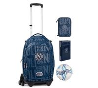 PRESTIGE & DELUXE Trolley avec sac à dos scolaire détachable Napoli rond bleu primaire secondaire et mini ballon + trousse à 3 niveaux complète de papeterie + agenda standard 18 x 14 cm + porte-clés