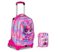 PRESTIGE & DELUXE Trolley école Jack 3 roues détachable chat led chaton 3 en 1 pour école primaire fille + trousse 3 fermetures éclair avec papeterie + 7 stylos effaçables et porte-clé pailettes