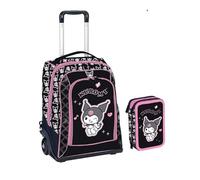 PRESTIGE & DELUXE Trolley Kuromi Sac à dos pour l'école primaire pour filles + trousse 3 étages avec marqueurs, couleurs et papeterie + cadeau 7 stylos et porte-clés