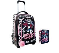 PRESTIGE & DELUXE Trolley Sac à dos compatible avec Harley pour l'école filles + trousse 3 étages + 7 stylos et porte-clés à paillettes