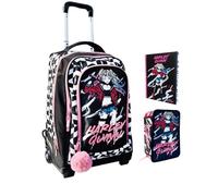 PRESTIGE & DELUXE Trolley Sac à dos compatible avec Harley pour l'école filles + trousse 3 étages + agenda 2025/2026 + 7 stylos et porte-clés à paillettes