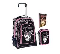 PRESTIGE & DELUXE Trolley Sac à dos Kuromi pour l'école pour filles + trousse 3 étages + agenda 2025/2026 + 7 stylos et porte-clés à paillettes