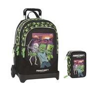 PRESTIGE & DELUXE Trolley Sac à dos scolaire amovible compatible avec Minecraft pour enfants + trousse 3 étages avec papeterie + 7 stylos effaçables et porte-clé sifflet