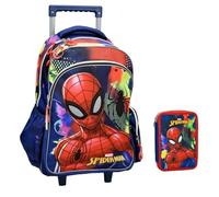 PRESTIGE & DELUXE Trolley Sac à dos scolaire avec roues Spiderman 46 cm haut de gamme + trousse 2 étages complète + 7 stylos effaçables et porte-clé sifflet, multicolore, standard, Trolley